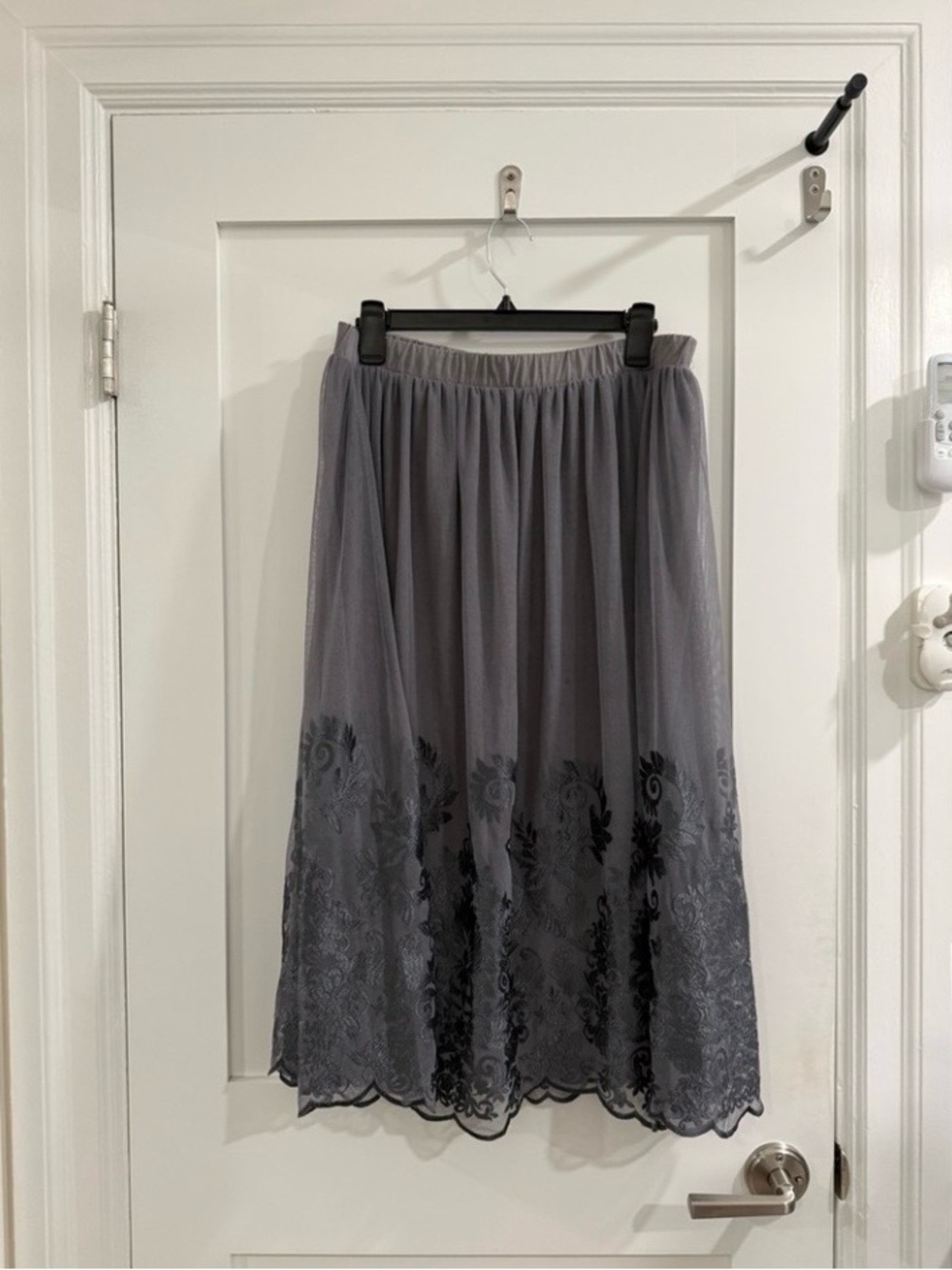 Garnet Hill Gray Tulle Midi Skirt with Black Embroidery